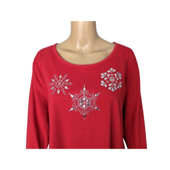 Coral Bay Red and Silver Snowflake Embellished 3/4 Length Sleeve Top 1X - Picture 4 of 9
